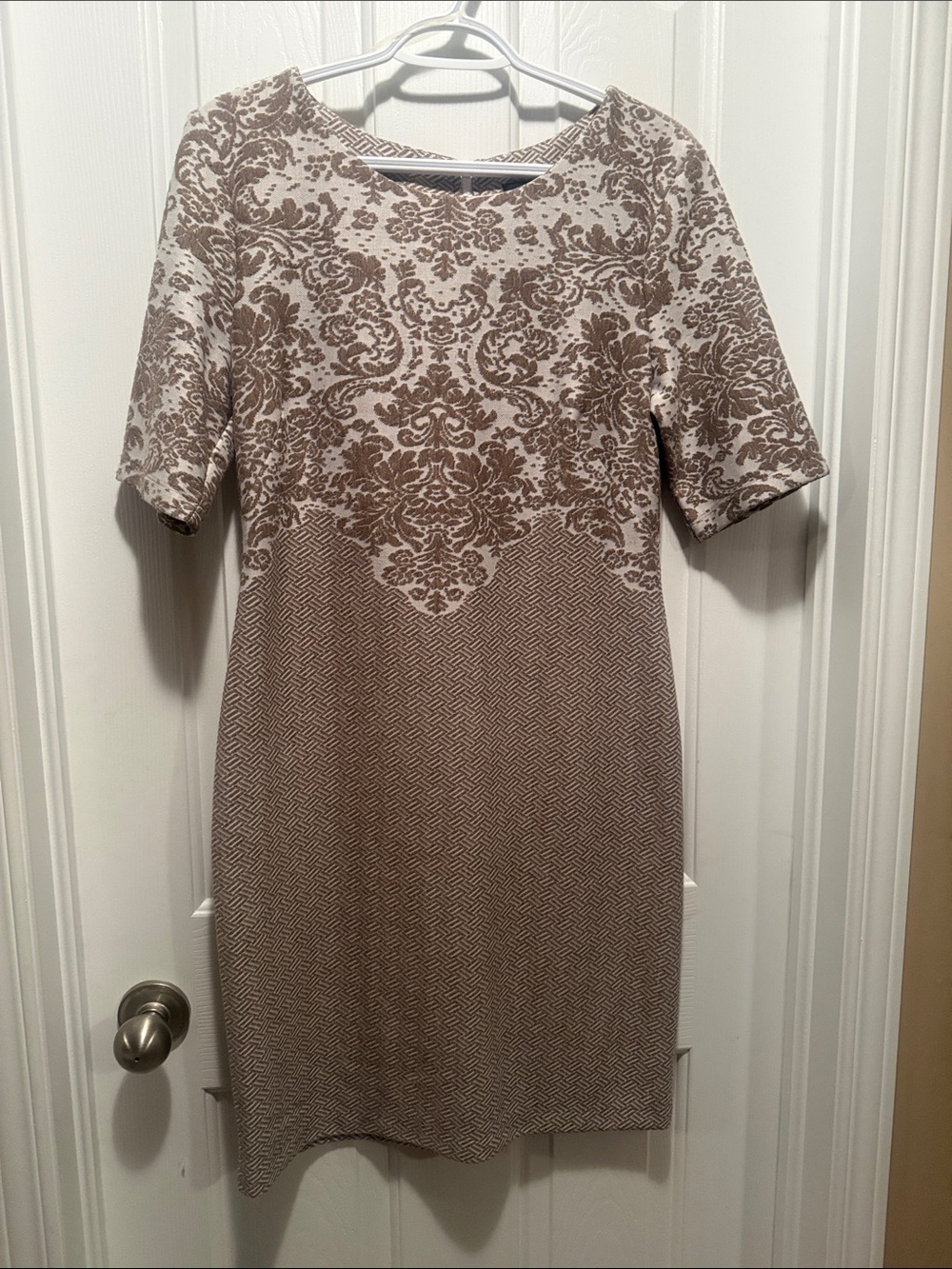 connected apparel Taupe and Cream Patterned Midi Sheath Dress